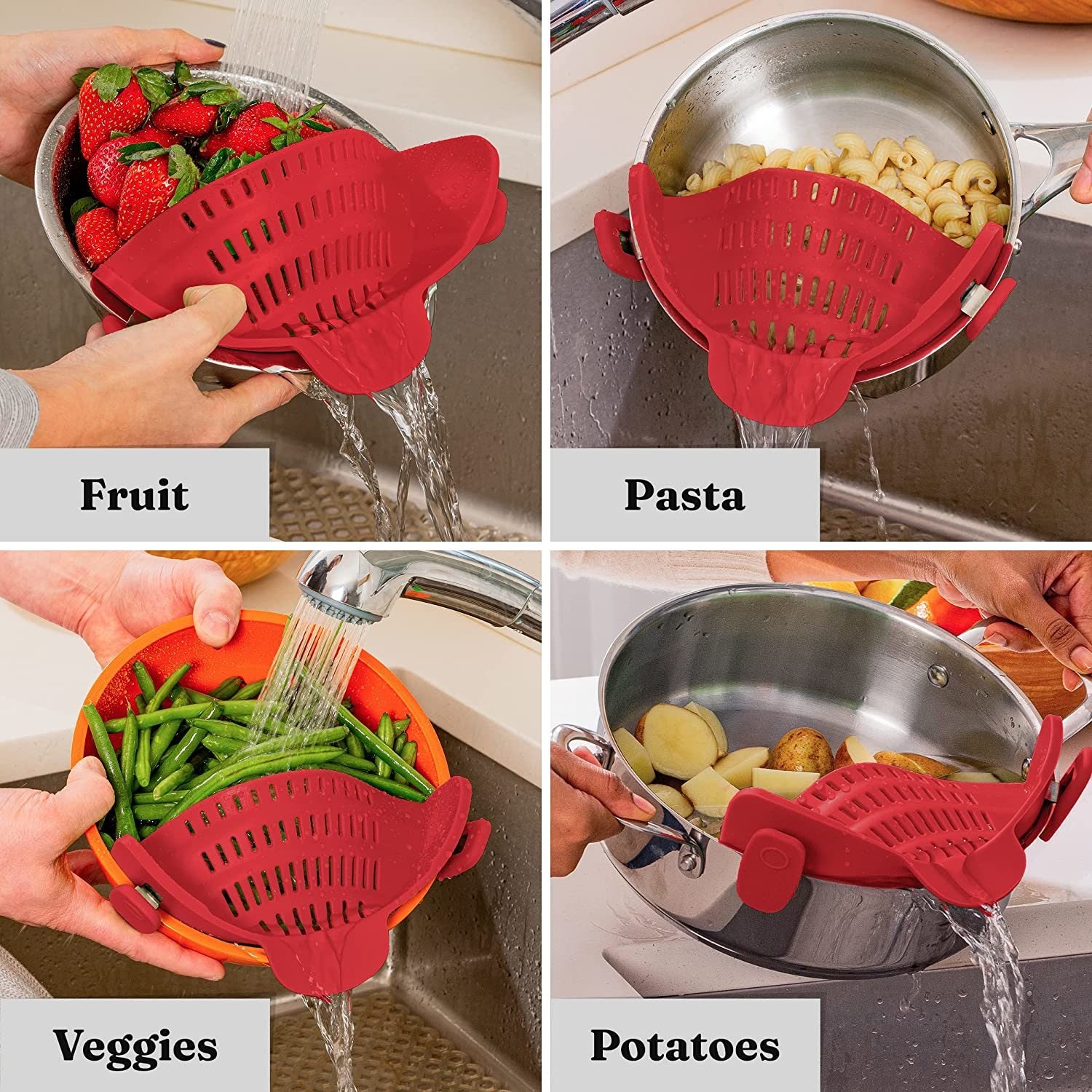 Kitchen Snap N' Strain Pot Strainer & Pasta Strainer Adjustable Silicone Clip On Strainer for Pots, Pans, and Bowls