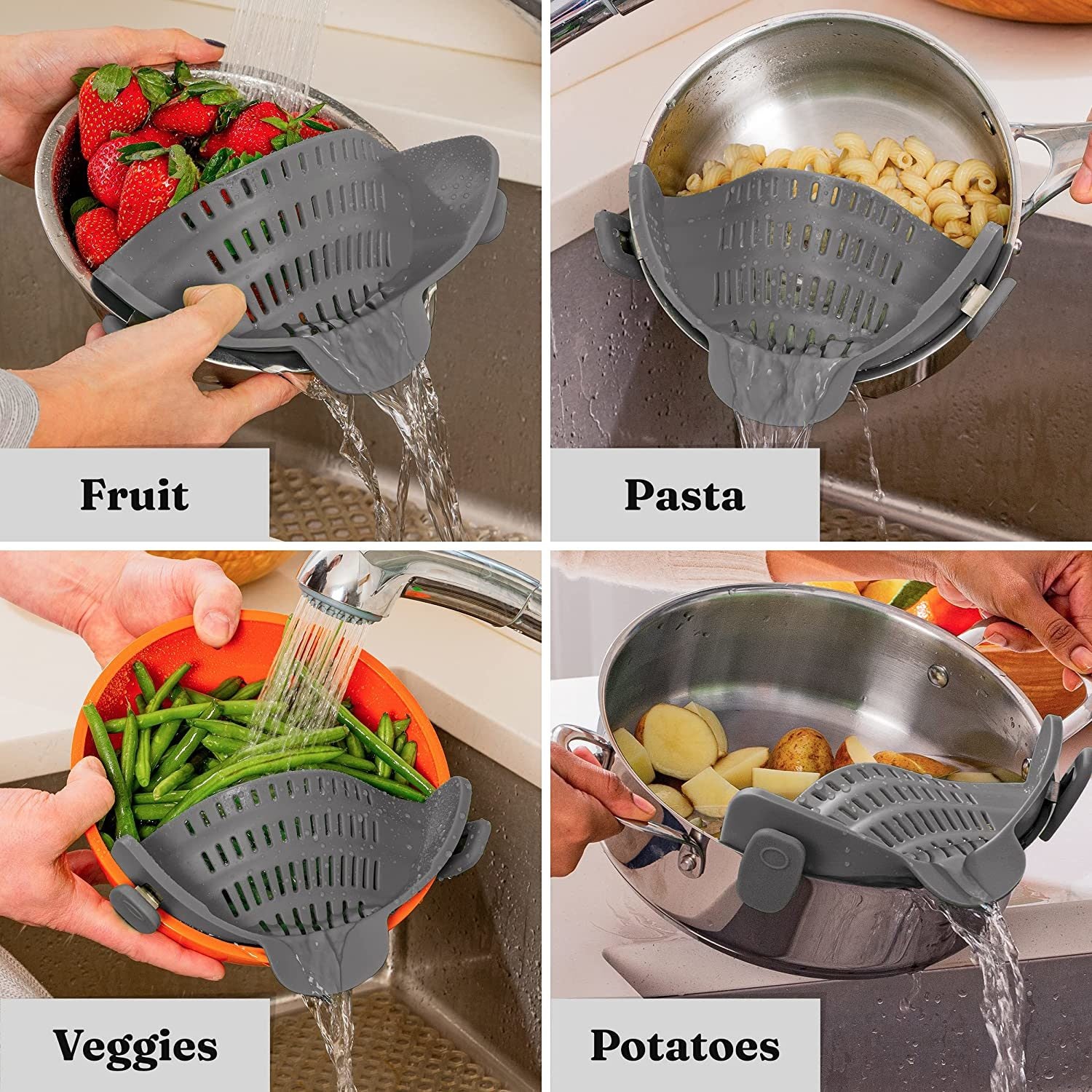 Kitchen Snap N' Strain Pot Strainer & Pasta Strainer Adjustable Silicone Clip On Strainer for Pots, Pans, and Bowls