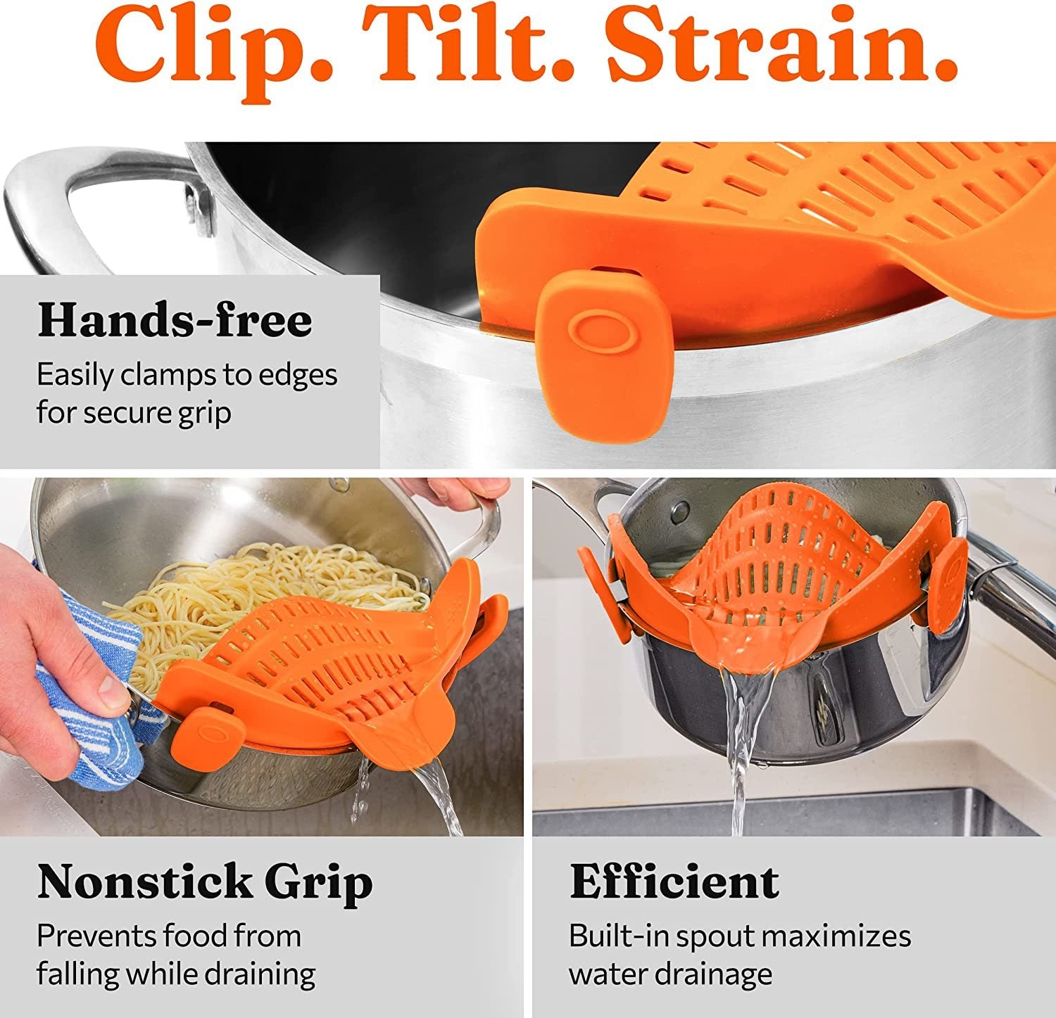 Kitchen Snap N' Strain Pot Strainer & Pasta Strainer Adjustable Silicone Clip On Strainer for Pots, Pans, and Bowls