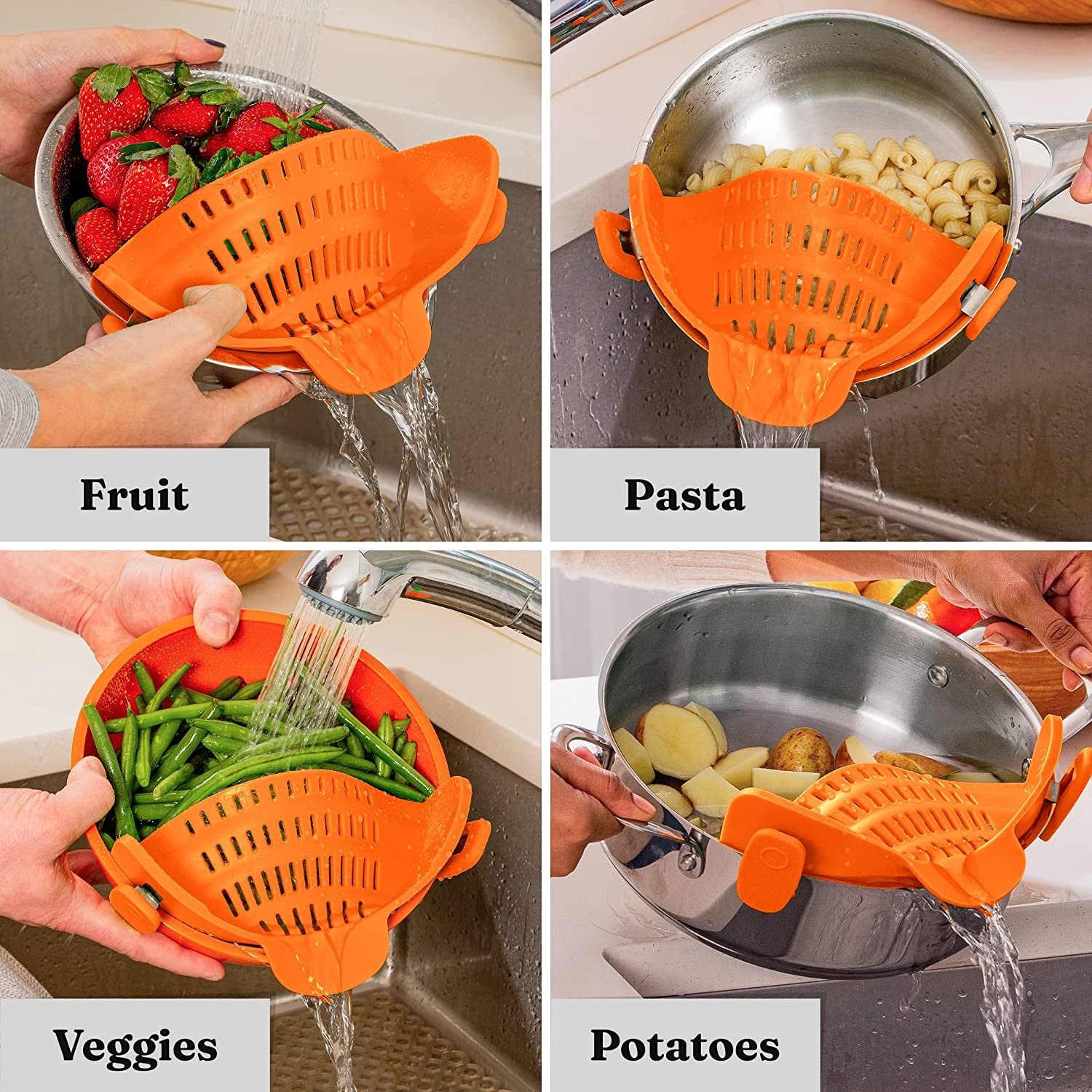 Kitchen Snap N' Strain Pot Strainer & Pasta Strainer Adjustable Silicone Clip On Strainer for Pots, Pans, and Bowls